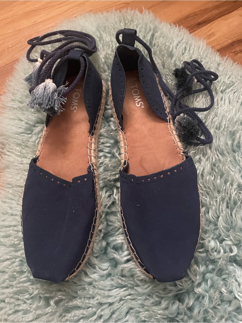 TOMS Navy Espadrille Lace-Up Tassel Flats